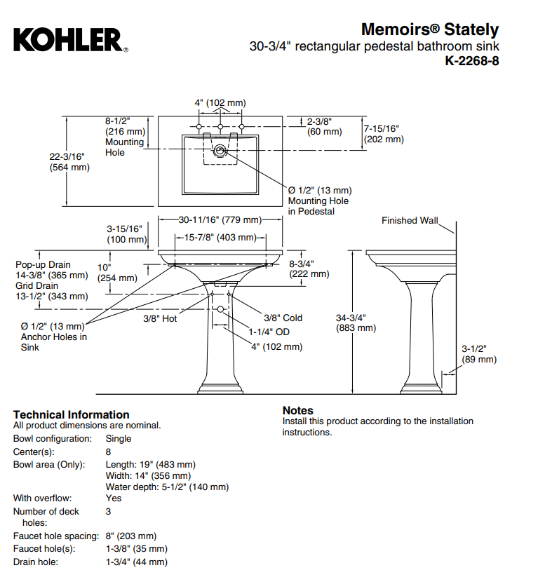 Kohler Memoirs Stately 30-3/4" rectangular pedestal bathroom sink  K-2268-8-0