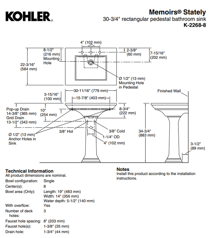 Kohler Memoirs Stately 30-3/4" rectangular pedestal bathroom sink  K-2268-8-0