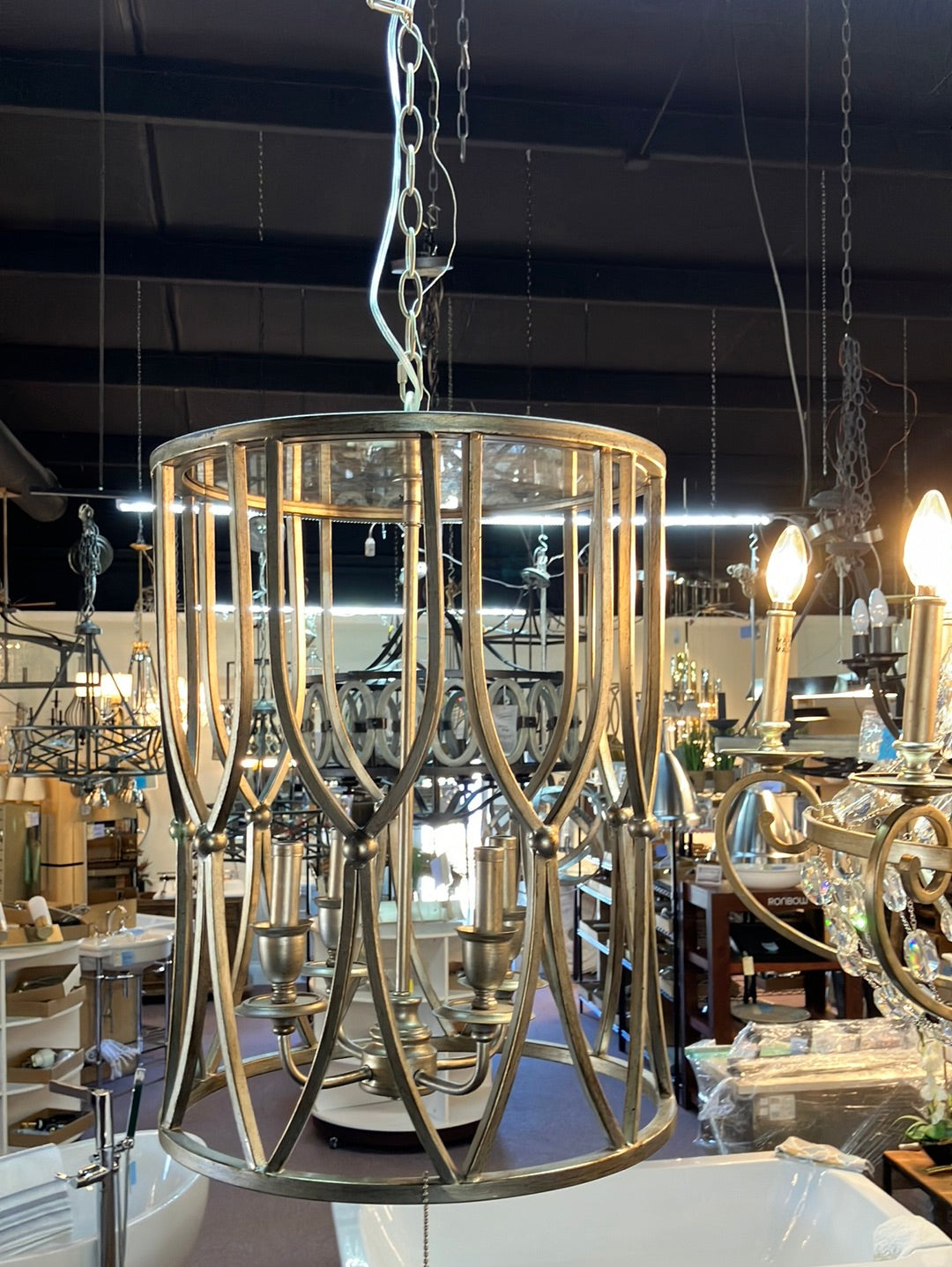 SIGNATURE HARDWARE Minetta 4-Light Candelabra E-12 Pendant in Gilded Silver (60W) PL8977GS DISPLAY MODEL