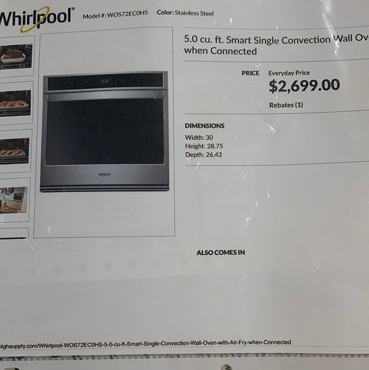 Whirlpool WOS72EC0HS 30 Inch Smart Single Wall Oven with True Convection Cooking STAINLESS STEEL DISPLAY MODEL