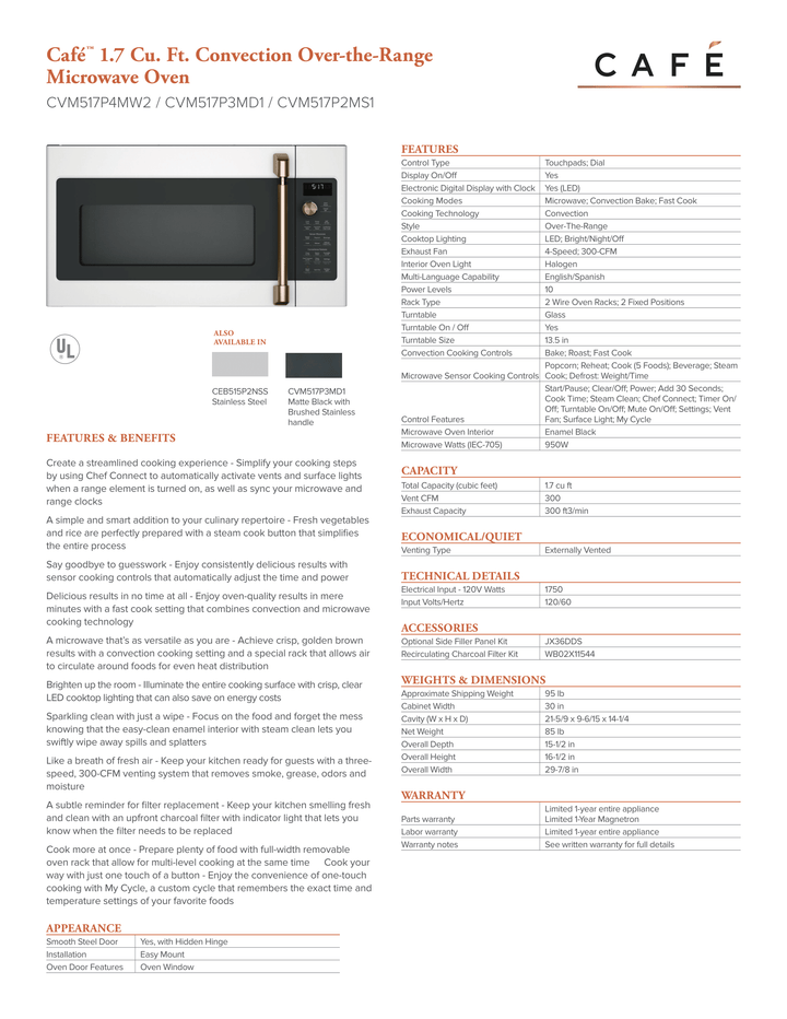 Cafe Over-The-Range Convection Microwave Oven CVM517P2M6S1 STAINLESS STEEL NEW DISPLAY MODEL