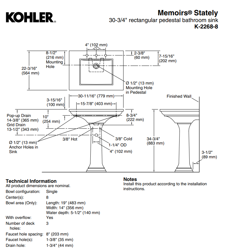 Memoirs® Stately 30-3/4" rectangular pedestal bathroom sink  K-2268-8-0