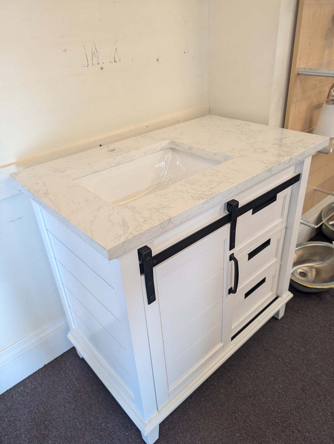 15VVA-ERNE36-007EI White vanity with marble top (Blemished) *NEW DISPLAY