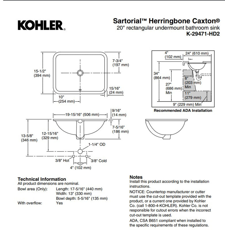 Kohler Sartorial Herringbone Caxton 20" rectangular undermount bathroom Sink BLACK K-29471-HD2-7