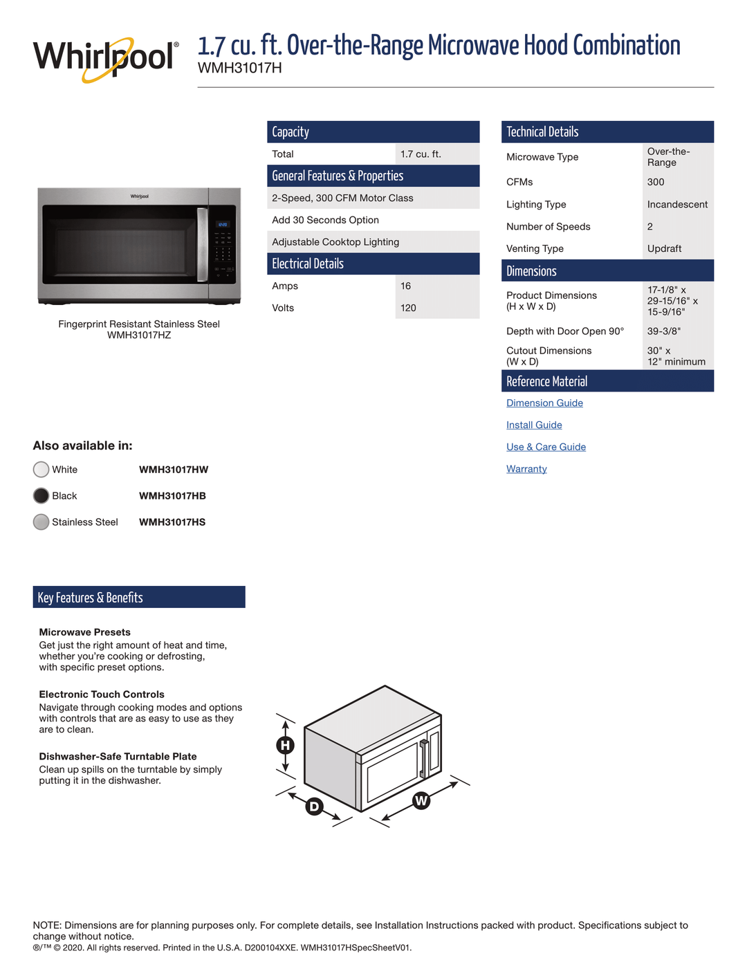 Whirlpool 1.7 cu. ft. Over-the-Range Microwave WMH31017HS STAINLESS STEAL NEW DISPLAY MODEL