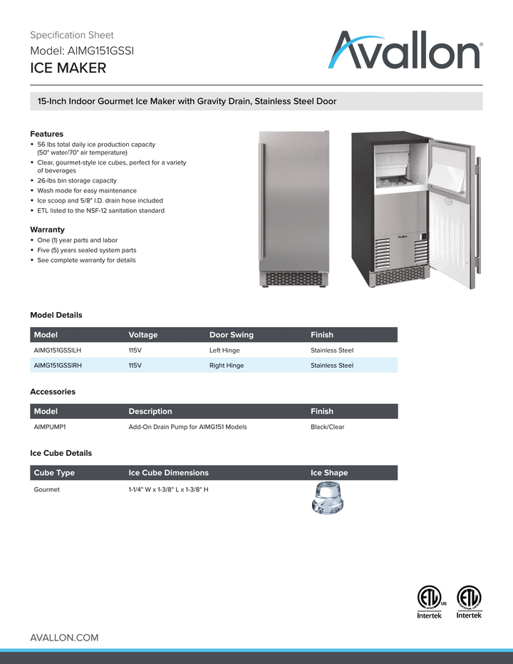 Avallon 15 Inch Wide Built-In Free Standing Ice Maker Panel Ready AIMG151GPRILH BLEMISHED* LOANER