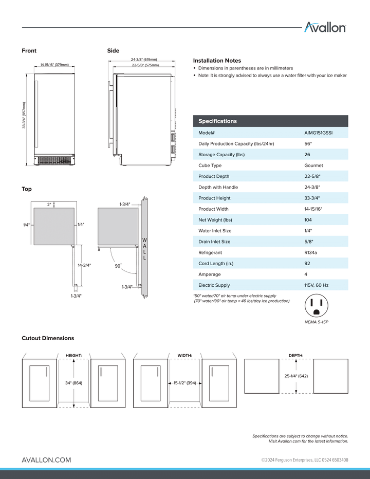 Avallon 15 Inch Wide Built-In Free Standing Ice Maker Panel Ready AIMG151GPRILH BLEMISHED* LOANER