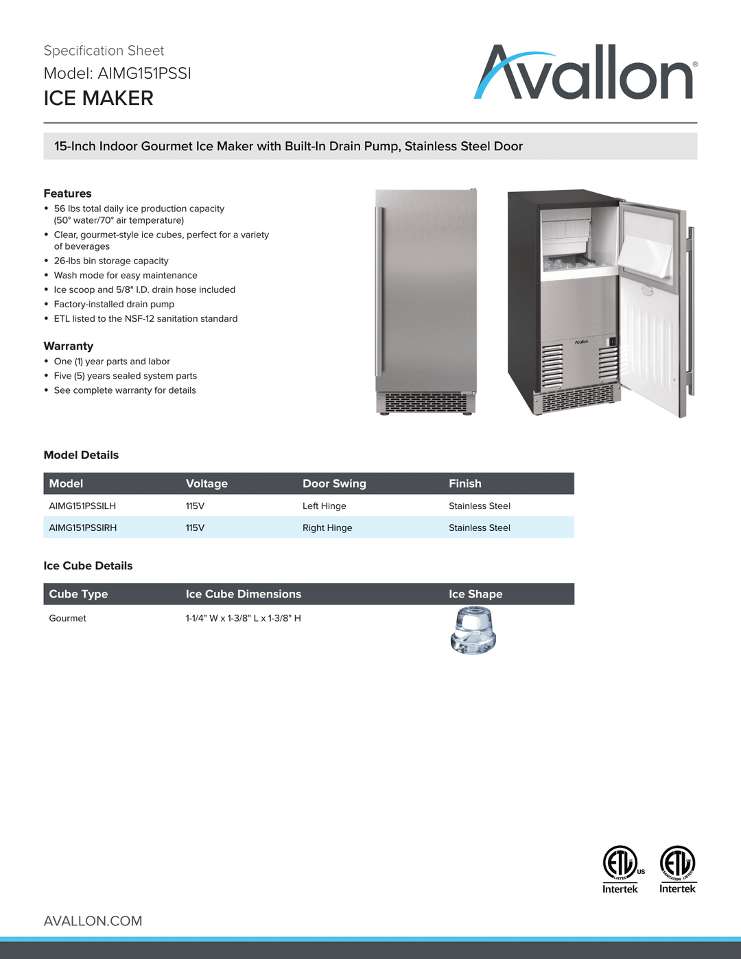 Avallon 15 Inch Wide Built-In and Free Standing Ice Maker AIMG151PSSILH BLEMISHED* LOANER