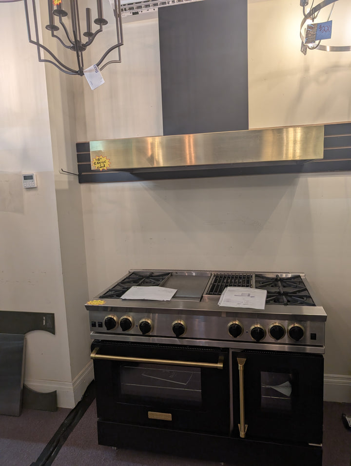 BlueStar RNB Series RNB484GCBSS
48 Inch Pro-Style Gas Range with Open Burners + BlueStar Manhattan Series MH048MACF **No guts shell only**
48 Inch Wall Mount Range Hood shell *Display Models  **Sold as Set**