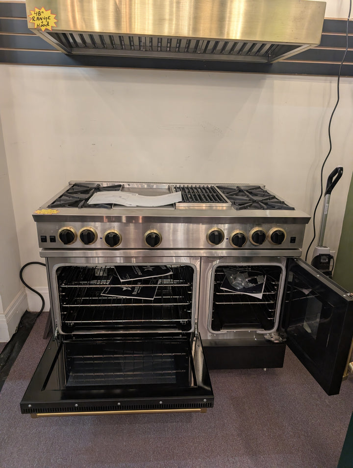 BlueStar RNB Series RNB484GCBSS
48 Inch Pro-Style Gas Range with Open Burners + BlueStar Manhattan Series MH048MACF **No guts shell only**
48 Inch Wall Mount Range Hood shell *Display Models  **Sold as Set**